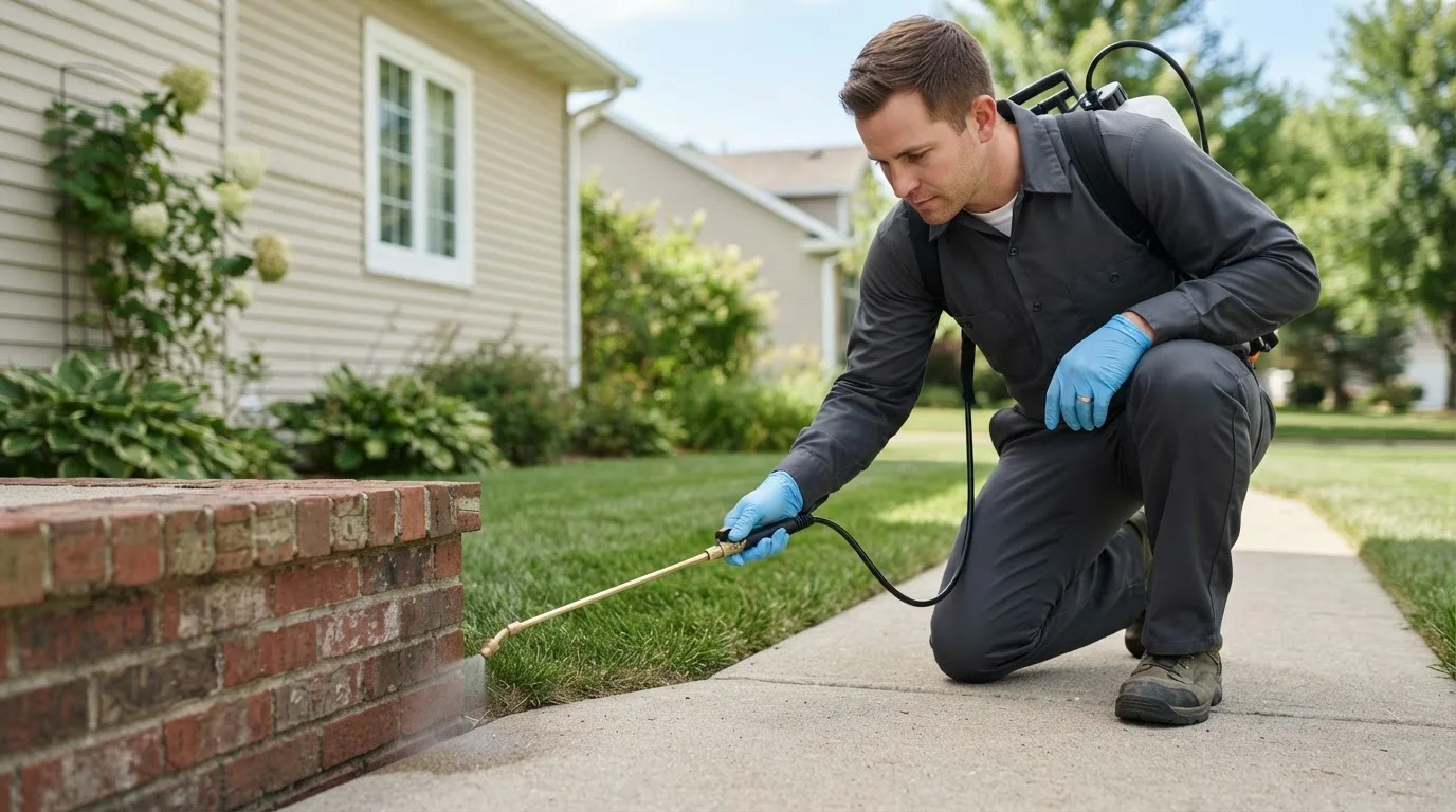 Pest control technician treating a home near Fairbanks, IN